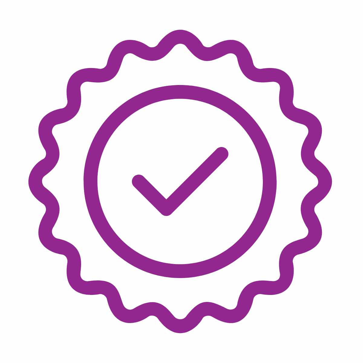 Purple icon of a certification badge featuring a circular seal with a wavy edge and a checkmark in the centre, symbolising recognition.